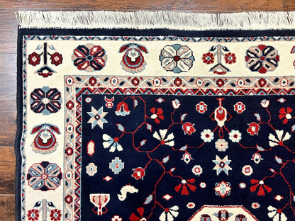 Belgium Power Loomed Rug 5.6 x 7, Navy Blue and Ivory, Heriz Pattern, Vintage Oriental Carpet - Nuvé