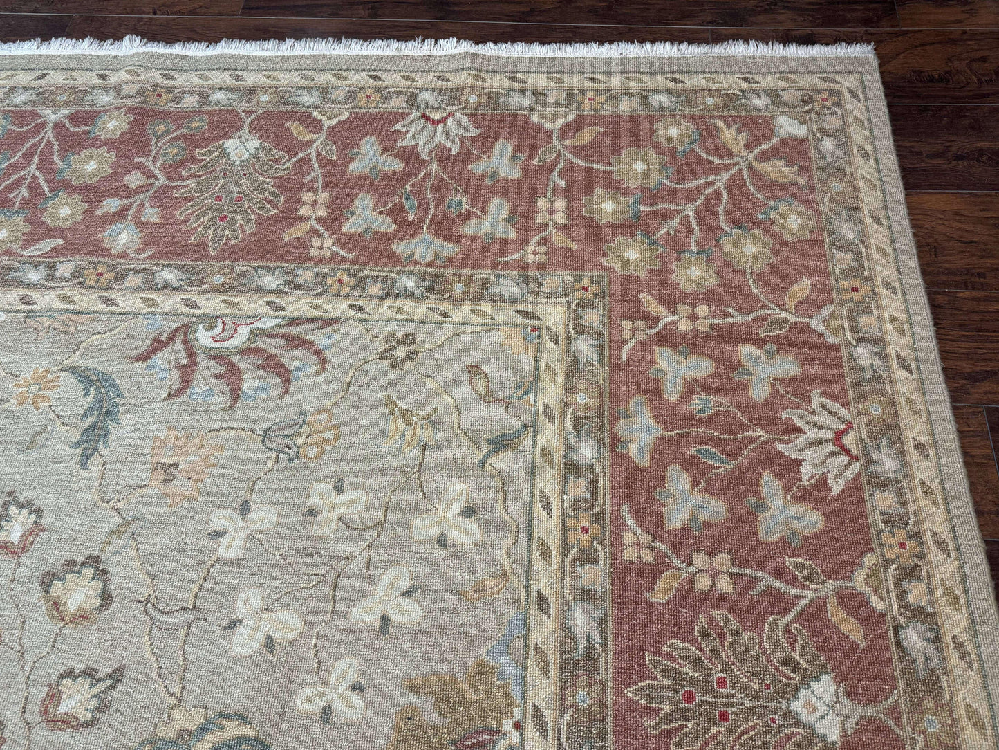 Large Turkish Soumak Rug 10x14, Flatweave Dhurrie, Handmade, Light Green and Salmon - Nuvé