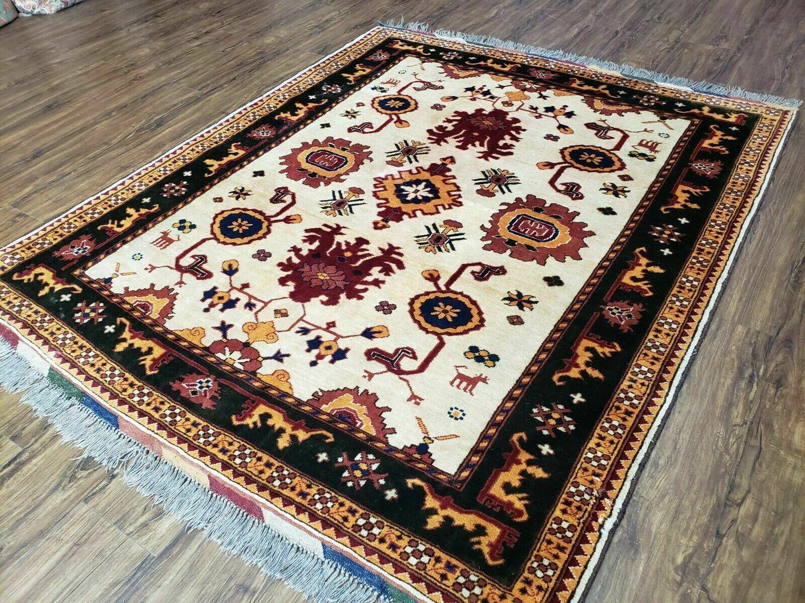 5' X 6' Vintage Handmade Knotted Turkish Kazak Pattern Wool Rug Bohemian Boho Interior Design - Nuvé