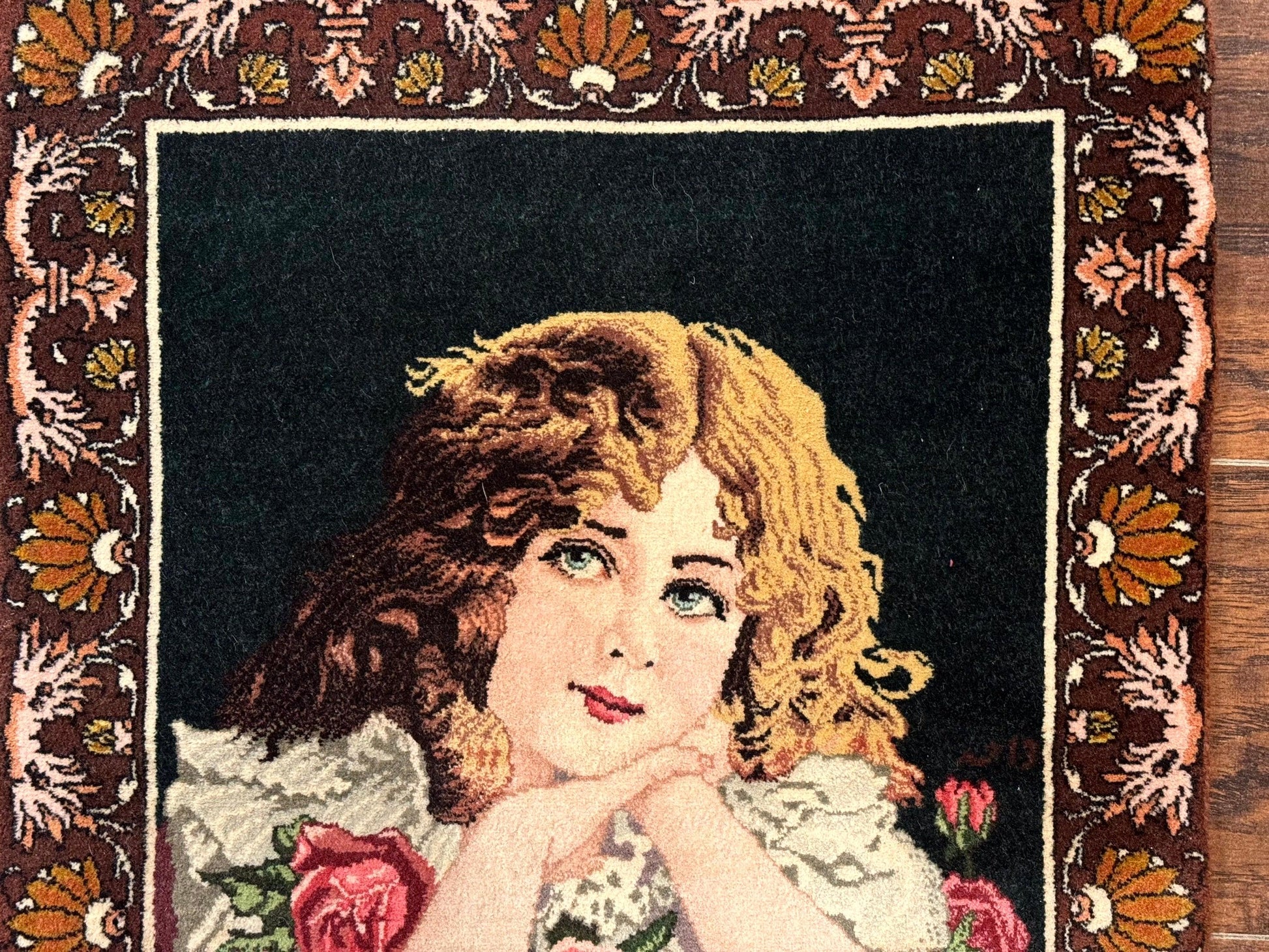 Small Persian Tabriz Pictorial Rug of Young Girl, Very Fine 380 KPSI, Portrait of Young Lady with Roses, Handmade, Persian Rug for Wall Hanging - Nuvé