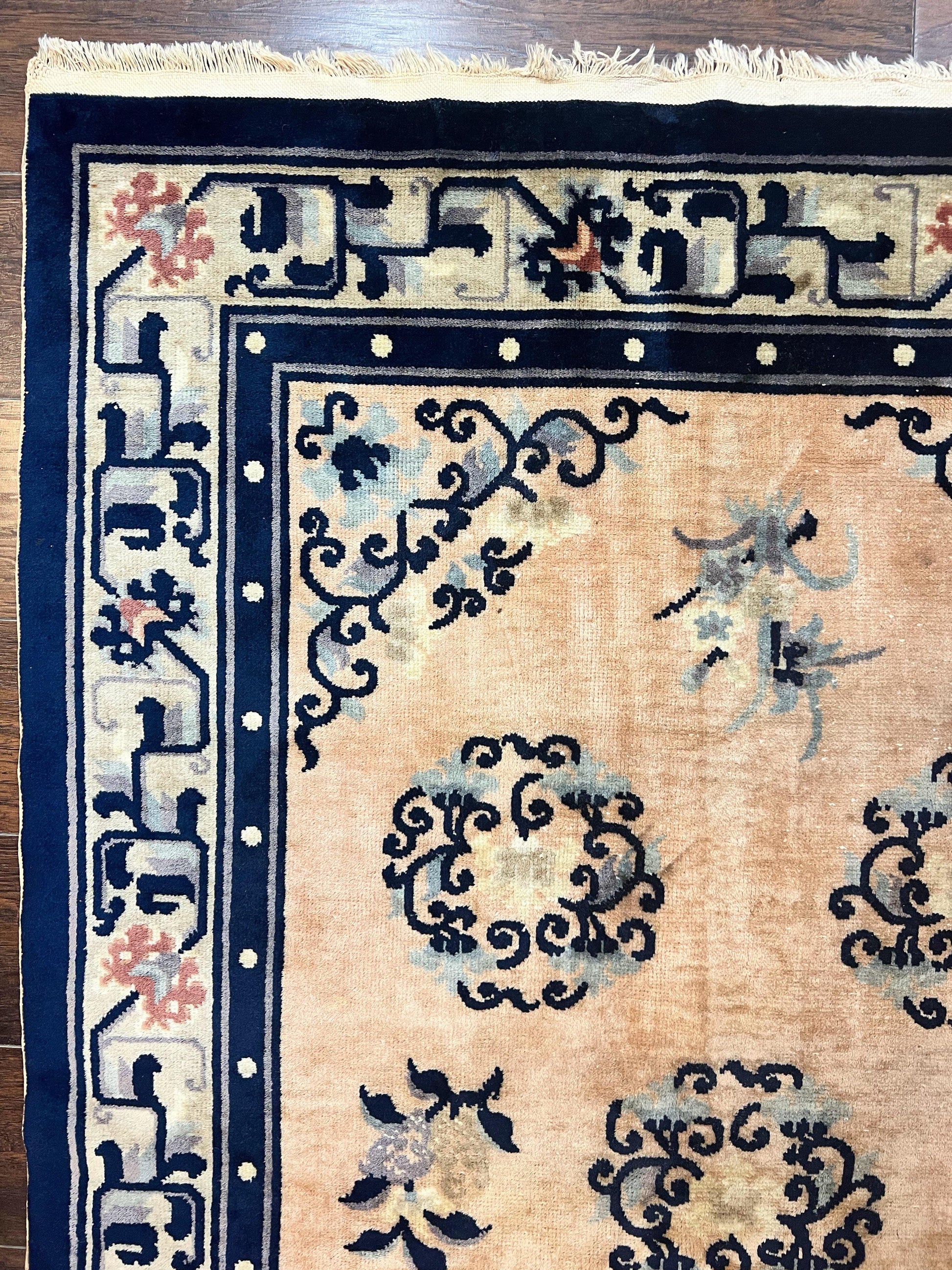 Chinese Peking Rug 4x6, Wool Hand Knotted Handmade Vintage Semi Antique Carpet, Semi Open Field, Light Peach & Navy Blue, Art Deco Rug - Nuvé