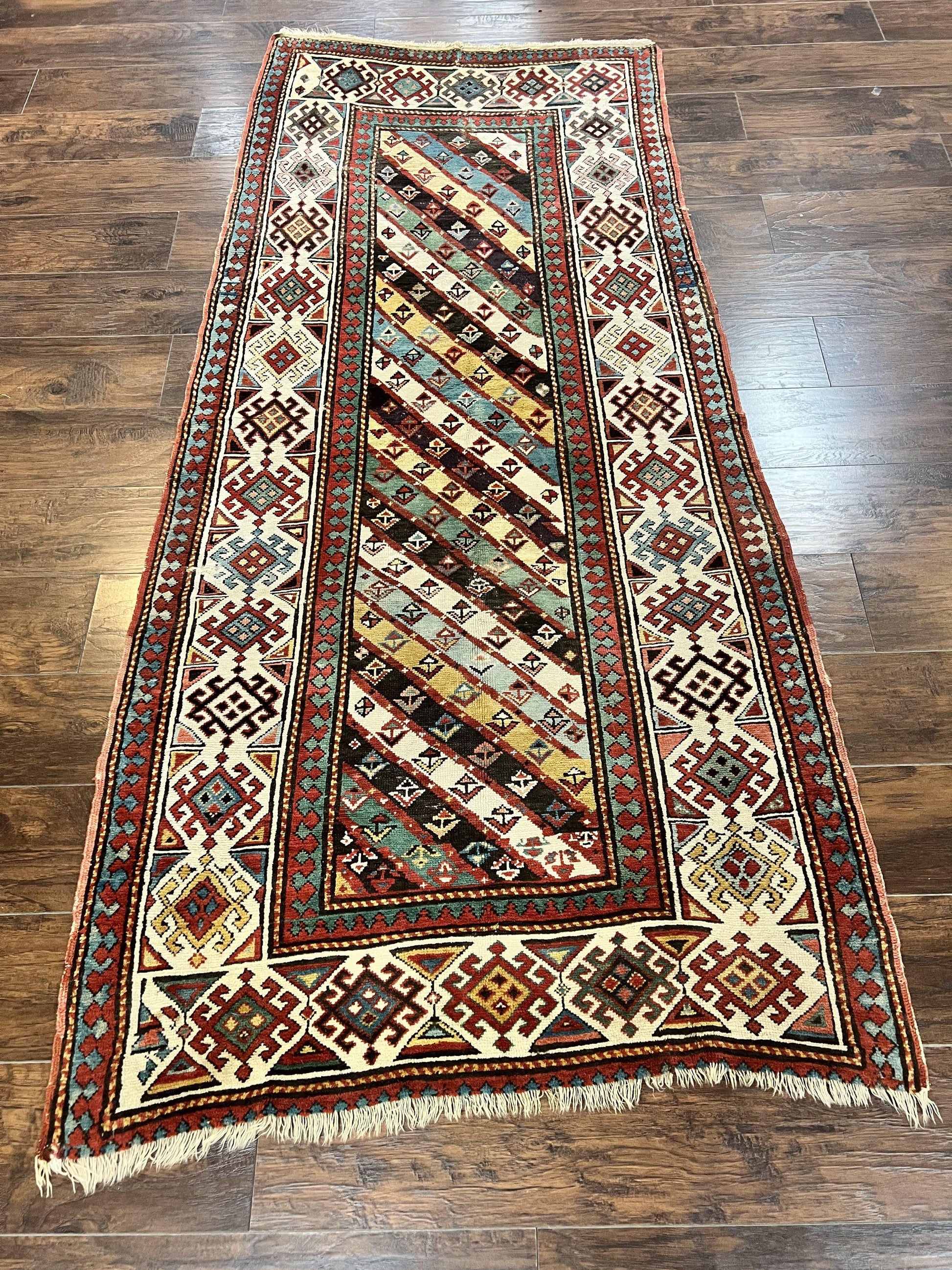Caucasian Kazak Runner Rug 3.6 x 8, Wool Hand Knotted Antique 1880s Carpet, Ivory & Multicolor Stripes Oriental Runner Rug, Hallway Rug - Nuvé
