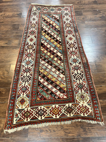 Caucasian Kazak Runner Rug 3.6 x 8, Wool Hand Knotted Antique 1880s Carpet, Ivory & Multicolor Stripes Oriental Runner Rug, Hallway Rug - Nuvé