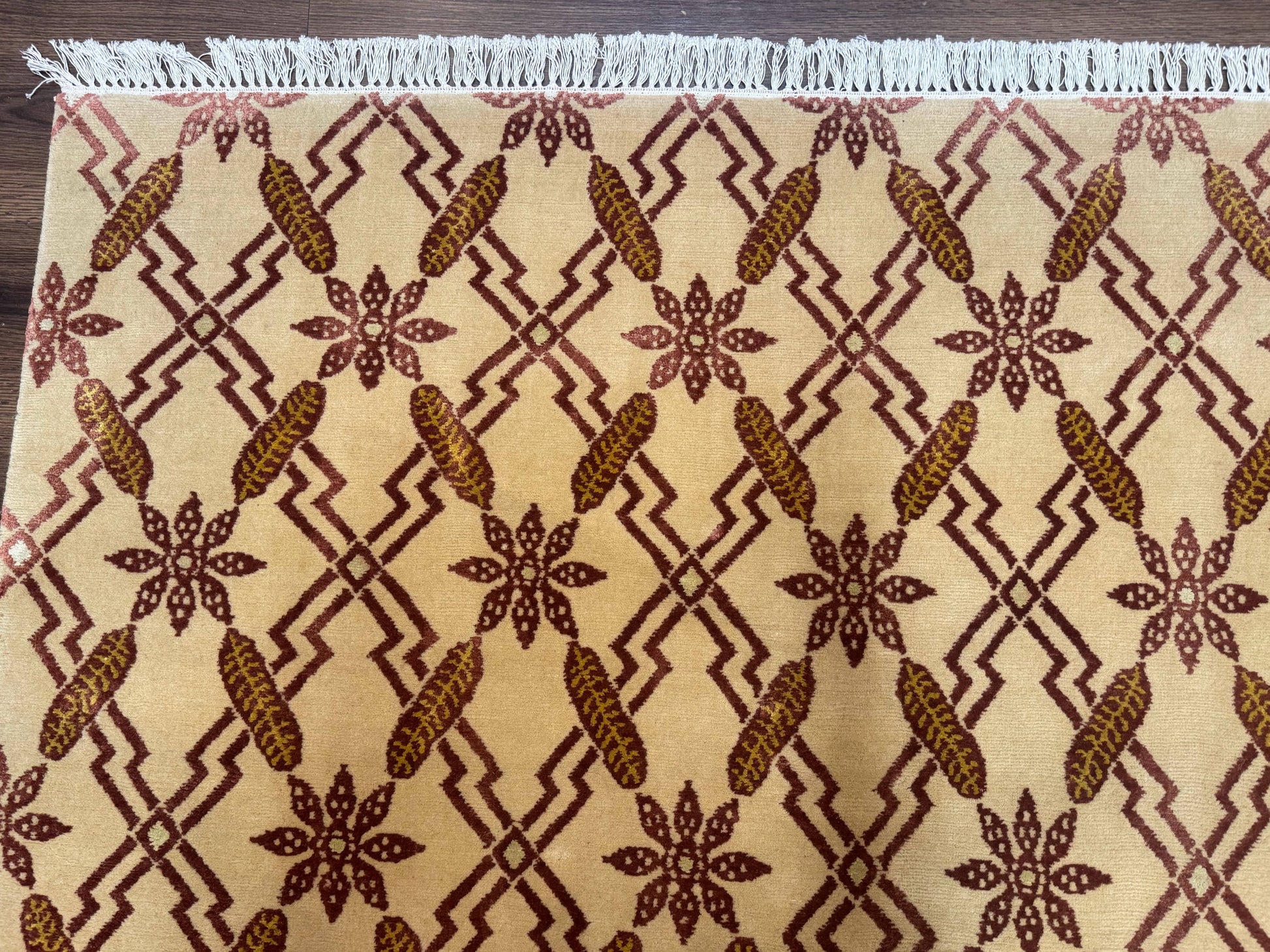 Tibetan Rug 8x10, Wool with Silk Highlights, Beige and Maroon, Contemporary Carpet - Nuvé
