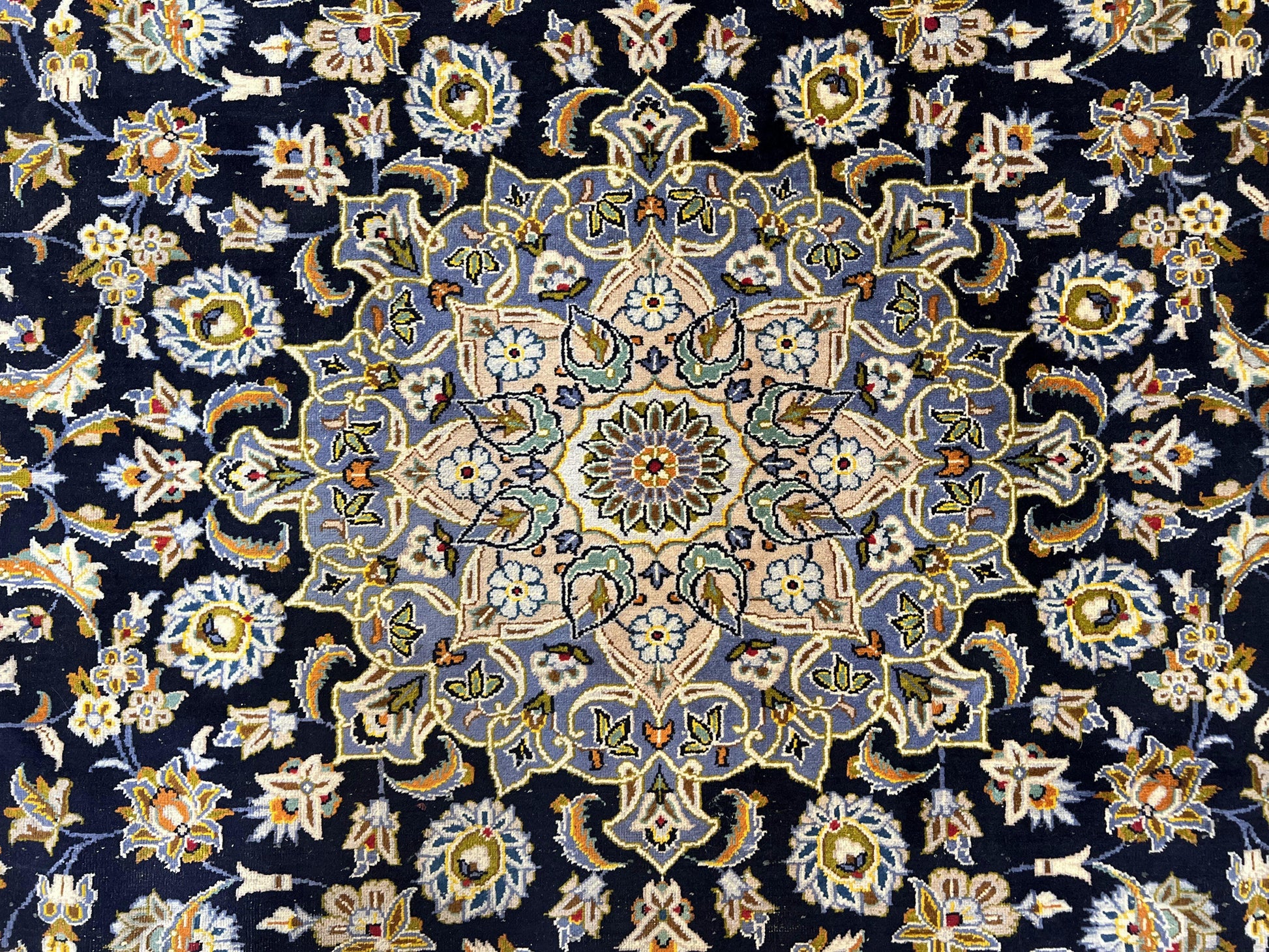 Wonderful Navy Blue Persian Kashan Rug 11x13, Allover Floral Design with Central Medallion, Wool Hand-Knotted Antique Carpet, Signed Rabani Rug - Nuvé