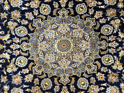 Wonderful Navy Blue Persian Kashan Rug 11x13, Allover Floral Design with Central Medallion, Wool Hand-Knotted Antique Carpet, Signed Rabani Rug - Nuvé