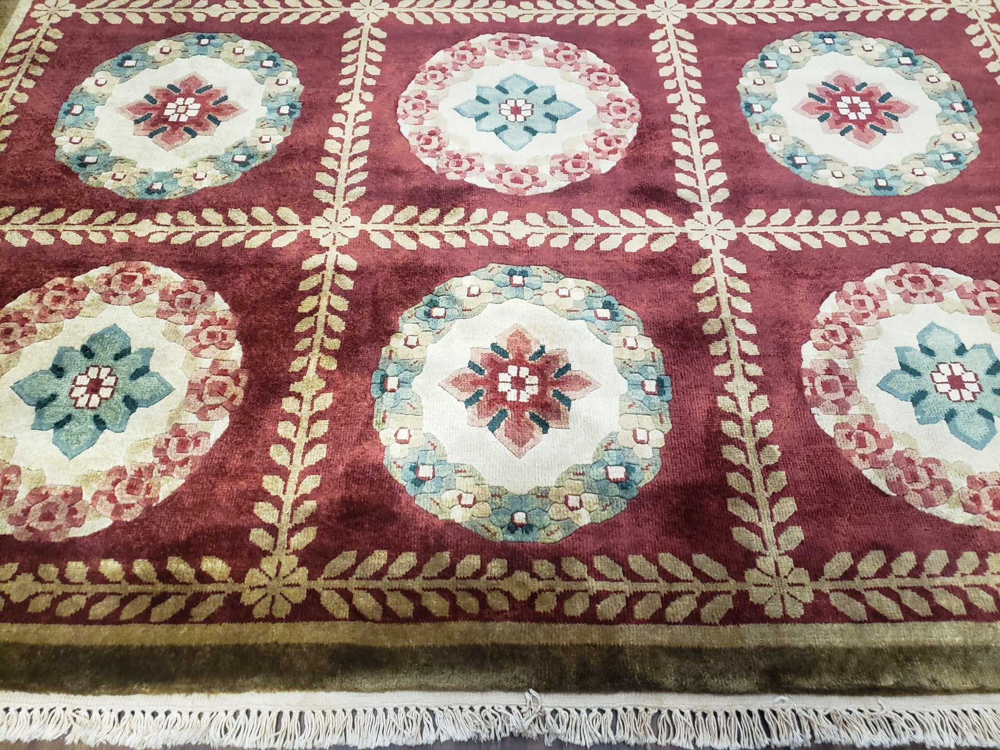Nepalese Aubusson Panel Rug 6x9, Red & Ivory Soft Plush Tibetan Pile Rug, Wool Hand-Knotted Carpet, 6 x 9 Elegant Area Rug, Office Room Rug - Nuvé