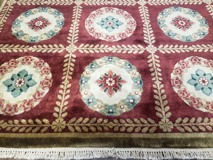 Nepalese Aubusson Panel Rug 6x9, Red & Ivory Soft Plush Tibetan Pile Rug, Wool Hand-Knotted Carpet, 6 x 9 Elegant Area Rug, Office Room Rug - Nuvé