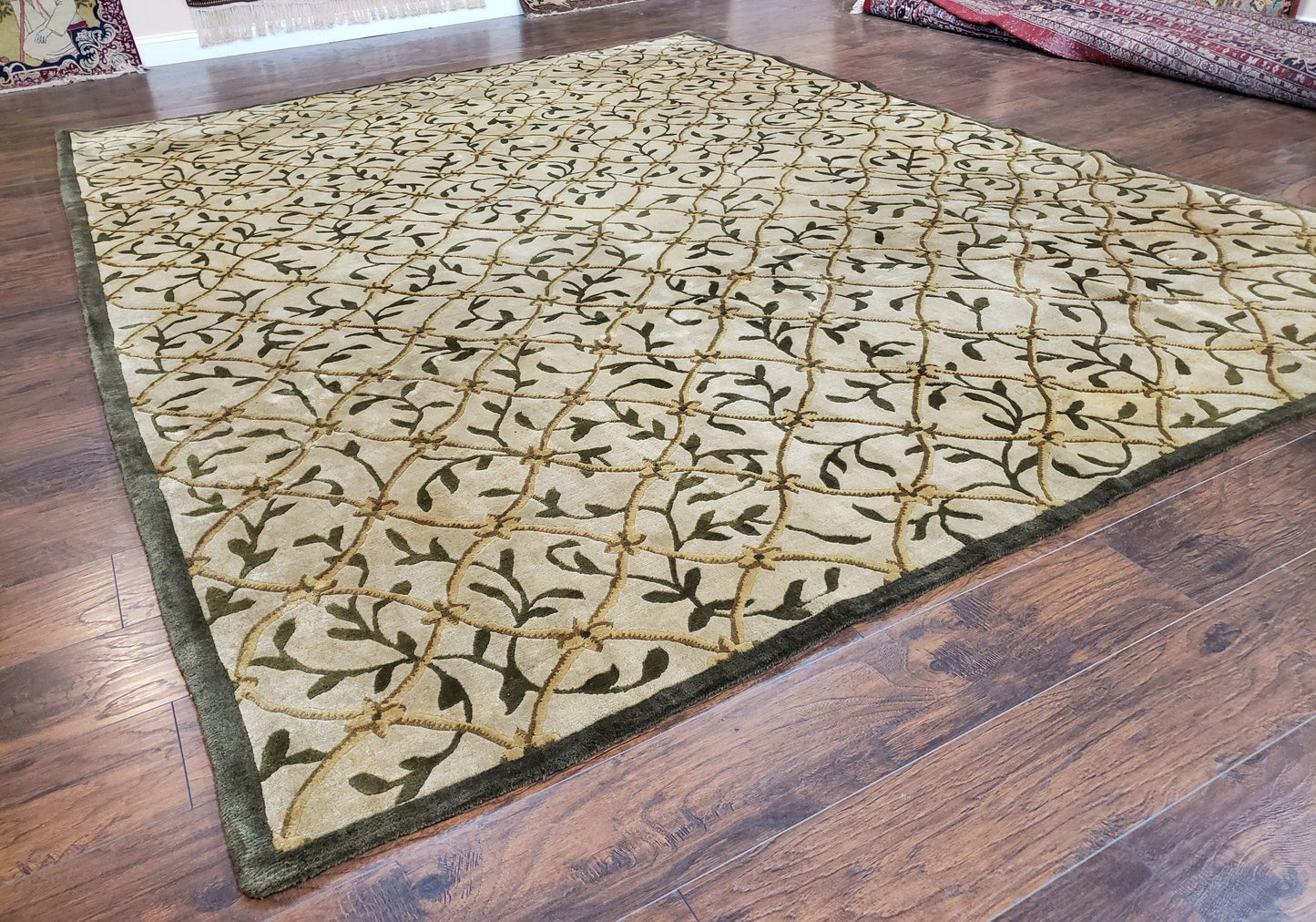 Vintage Tibetan Nepalese Area Rug 9x12, Wool Hand-Knotted, Beige Nepali Soft Pile Carpet, 9 x 12 Living Room Modern Dining Room Rug - Nuvé