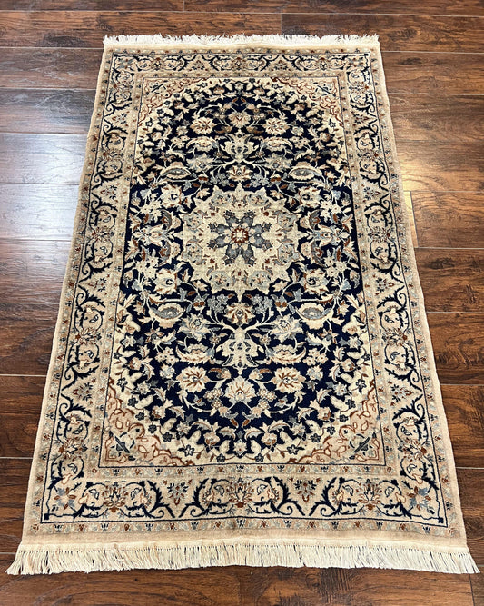 Persian Nain Rug 3x5, Floral Medallion Oriental Carpet, Very Fine Hand Knotted Handmade Wool and Silk Highlights Rug, Vintage Semi Antique - Nuvé