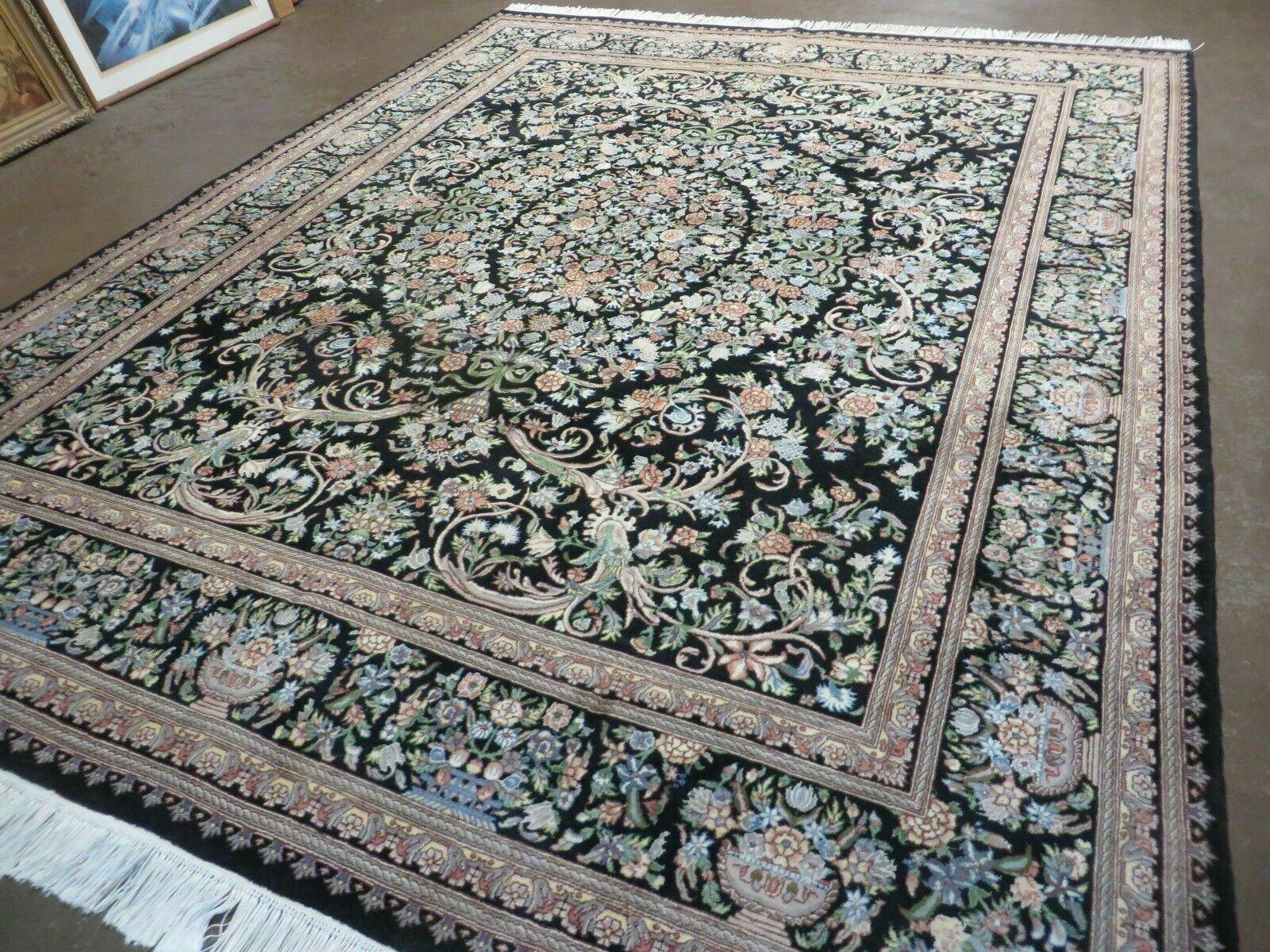 8' X 10' Vintage Handmade Pakistani Floral Wool Rug Black Nice - Nuvé