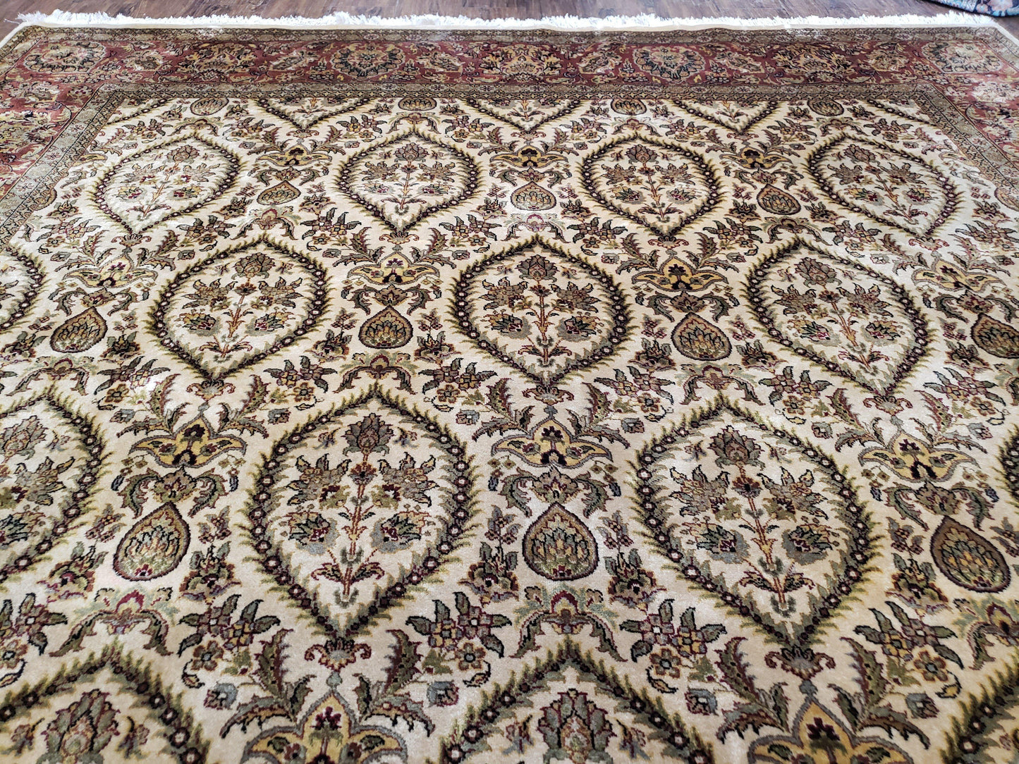 Vintage Indo Persian Area Rug 9x12, Wool Hand-Knotted Ivory & Dark Red Oriental Carpet, Fine Weave 9 x 12 Indian Rug, Dining Room Rug - Nuvé
