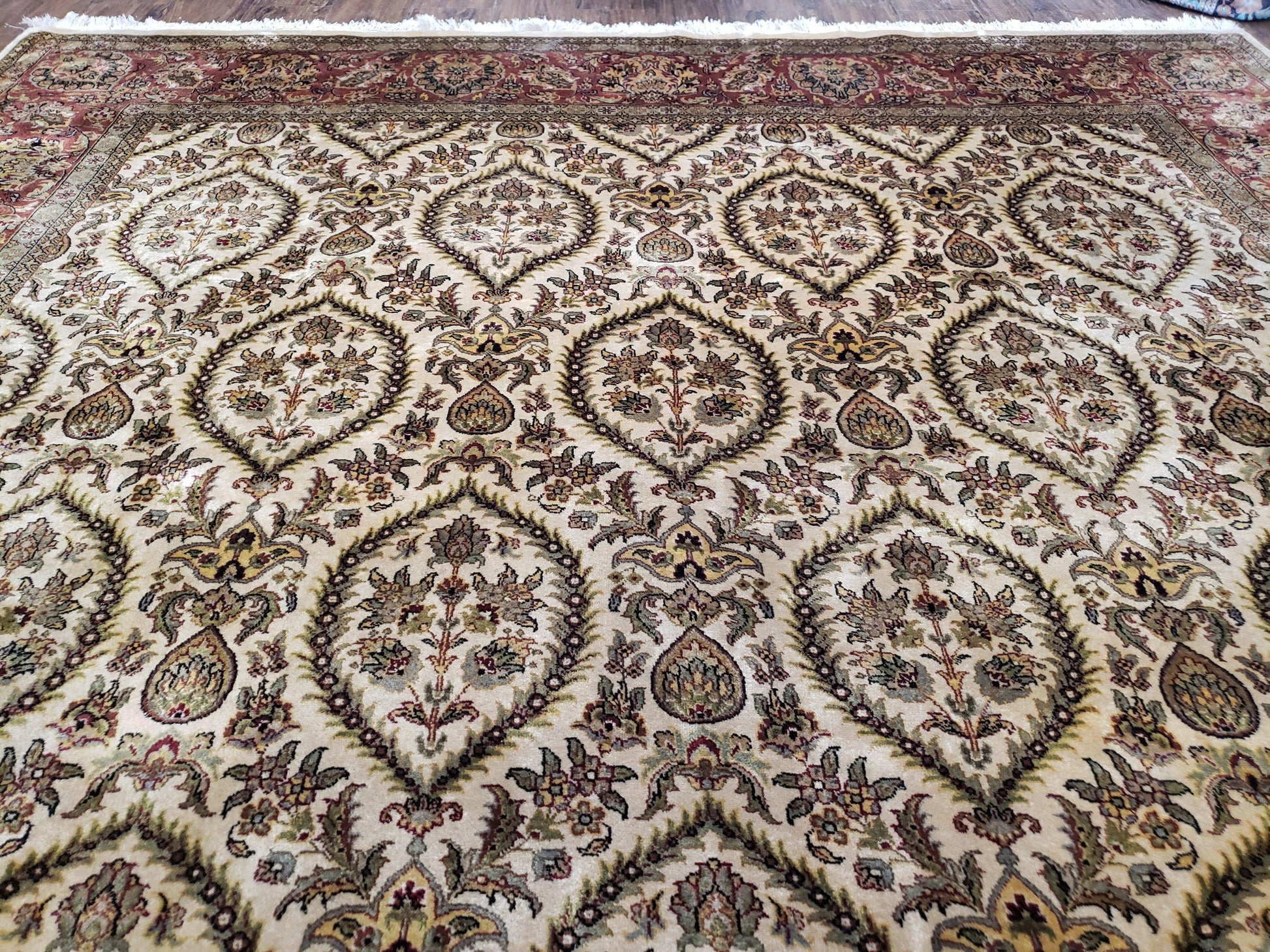 Vintage Indo Persian Area Rug 9x12, Wool Hand-Knotted Ivory & Dark Red Oriental Carpet, Fine Weave 9 x 12 Indian Rug, Dining Room Rug - Nuvé