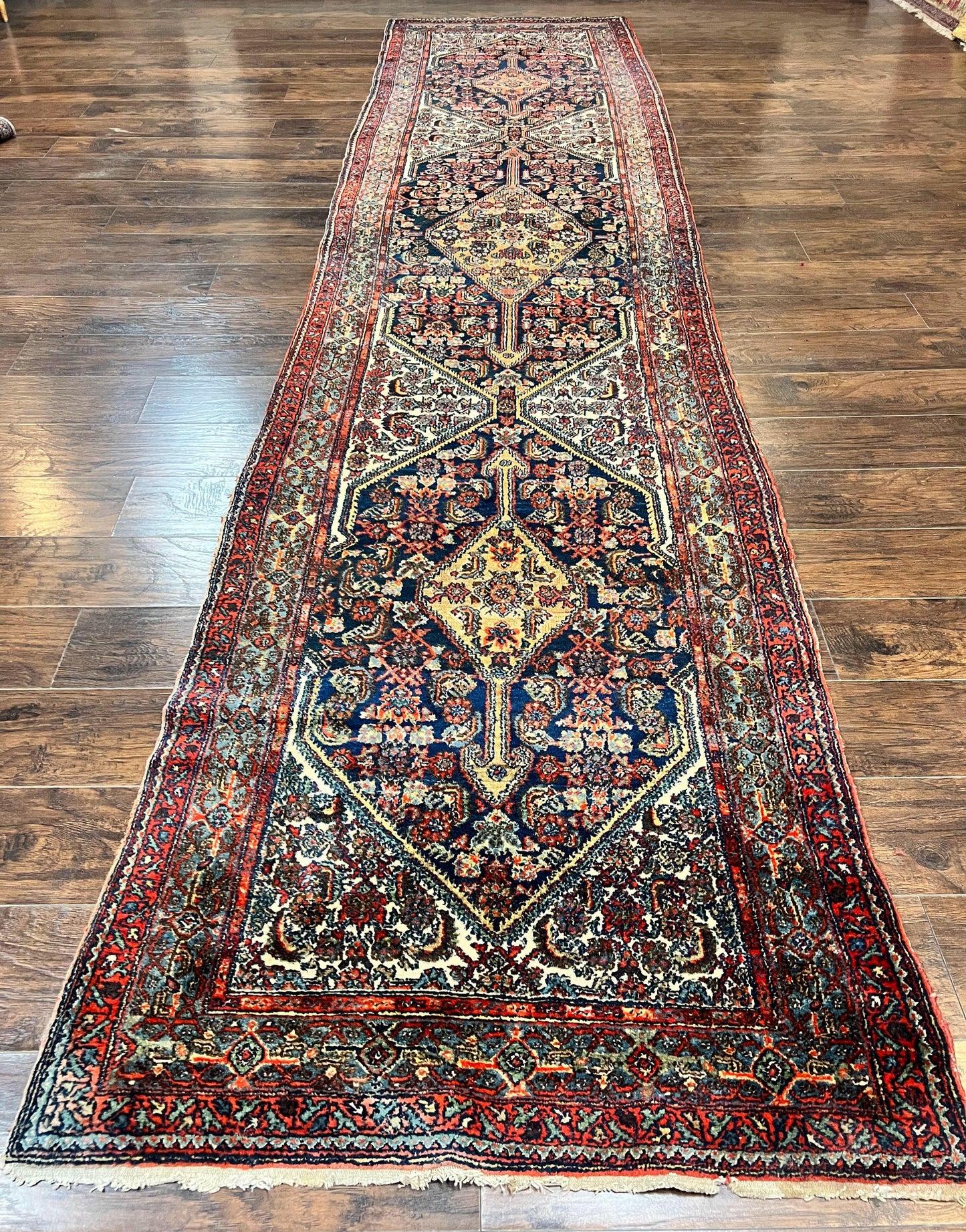 Antique Persian Runner Rug 3.7 x 15.8, Navy Blue Multicolor, Hand Knotted Handmade Wool Rug for Hallway, Geometric Medallions, Persian Hamadan Rug - Nuvé