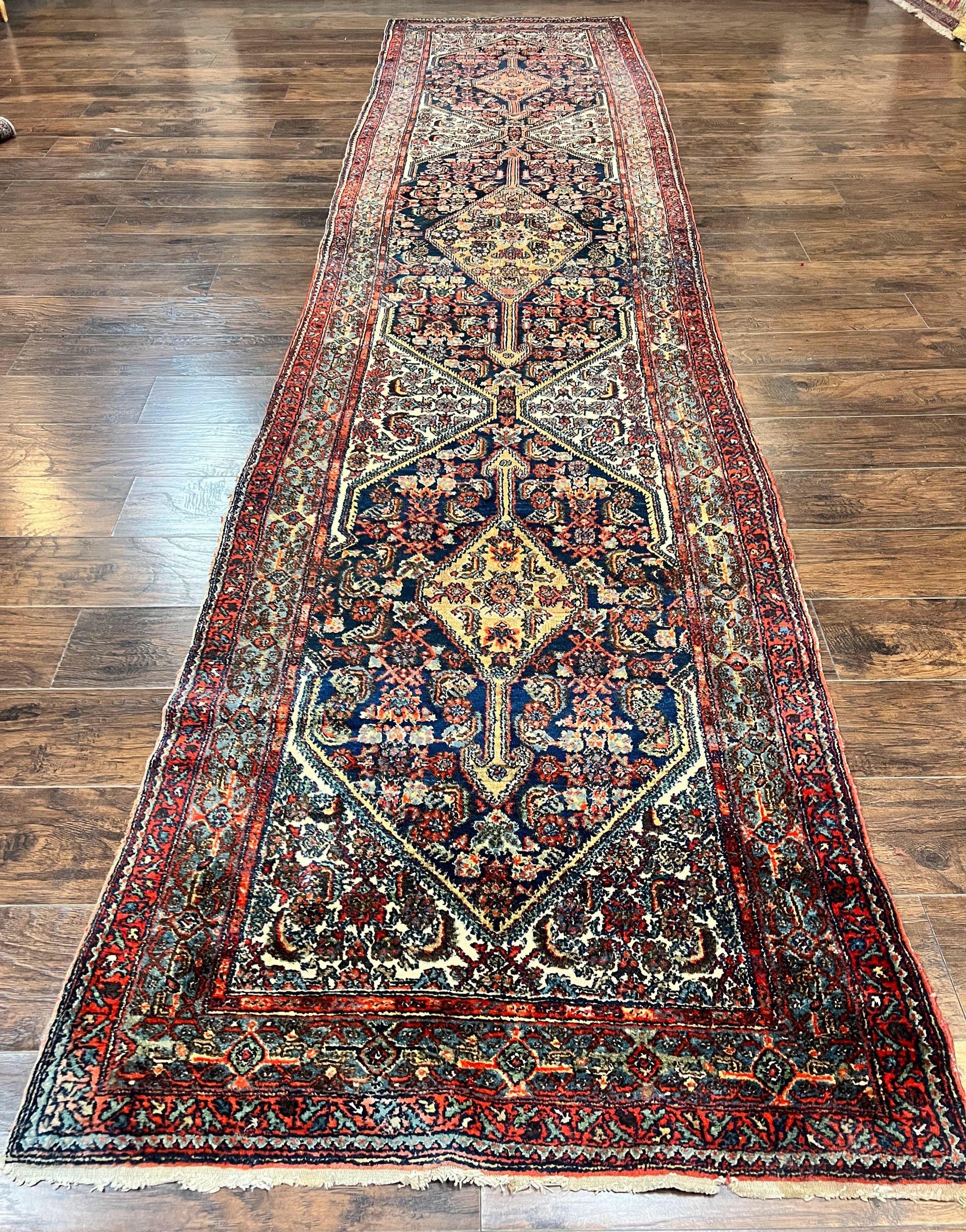 Antique Persian Runner Rug 3.7 x 15.8, Navy Blue Multicolor, Hand Knotted Handmade Wool Rug for Hallway, Geometric Medallions, Persian Hamadan Rug - Nuvé