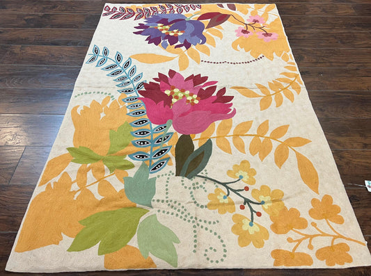 Indian Chain Stitched Rug 4x6, Hand Stitched Indian Embroidery Carpet, Large Floral Design, Contemporary, Cream and Colorful Flowers, Wool - Nuvé