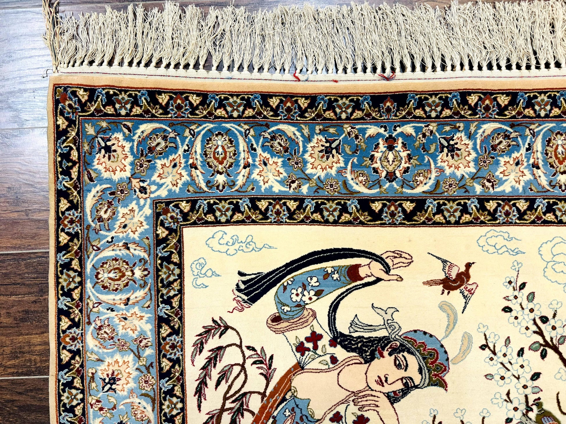 Persian Isfahan Pictorial Rug, Two Lovers, Kork Wool on Silk Foundation, Ivory and Light Blue, 500 KPSI Super Fine - Nuvé