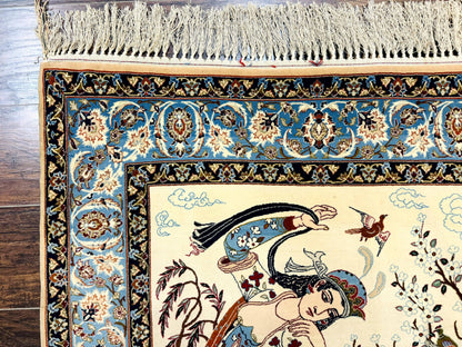 Persian Isfahan Pictorial Rug, Two Lovers, Kork Wool on Silk Foundation, Ivory and Light Blue, 500 KPSI Super Fine - Nuvé