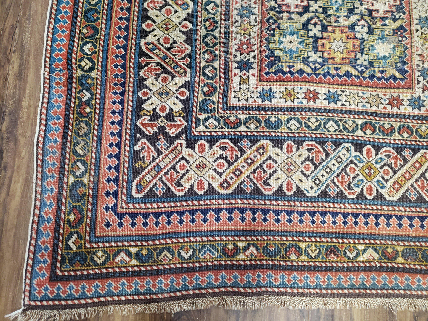 Caucasian Rug 3'9" x 5'7", Antique 1920s Collectible Caucasian Chi Chi Carpet, Hand Knotted, Colorful, Dark Blue Cream Red, Wool, Small Rug - Nuvé