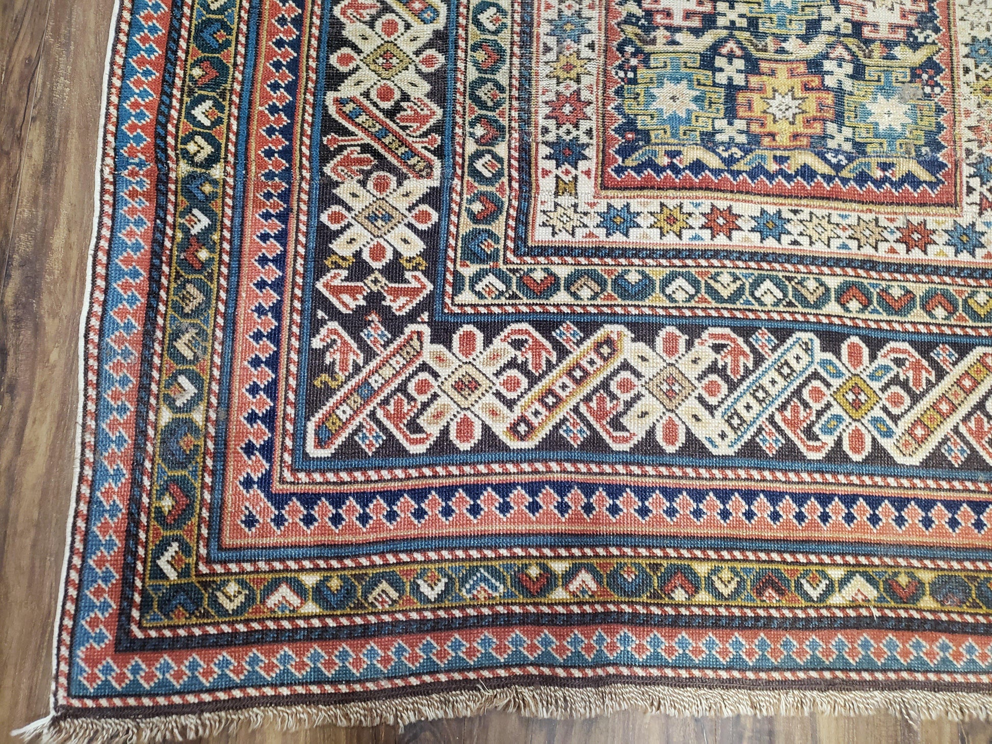 Caucasian Rug 3'9" x 5'7", Antique 1920s Collectible Caucasian Chi Chi Carpet, Hand Knotted, Colorful, Dark Blue Cream Red, Wool, Small Rug - Nuvé