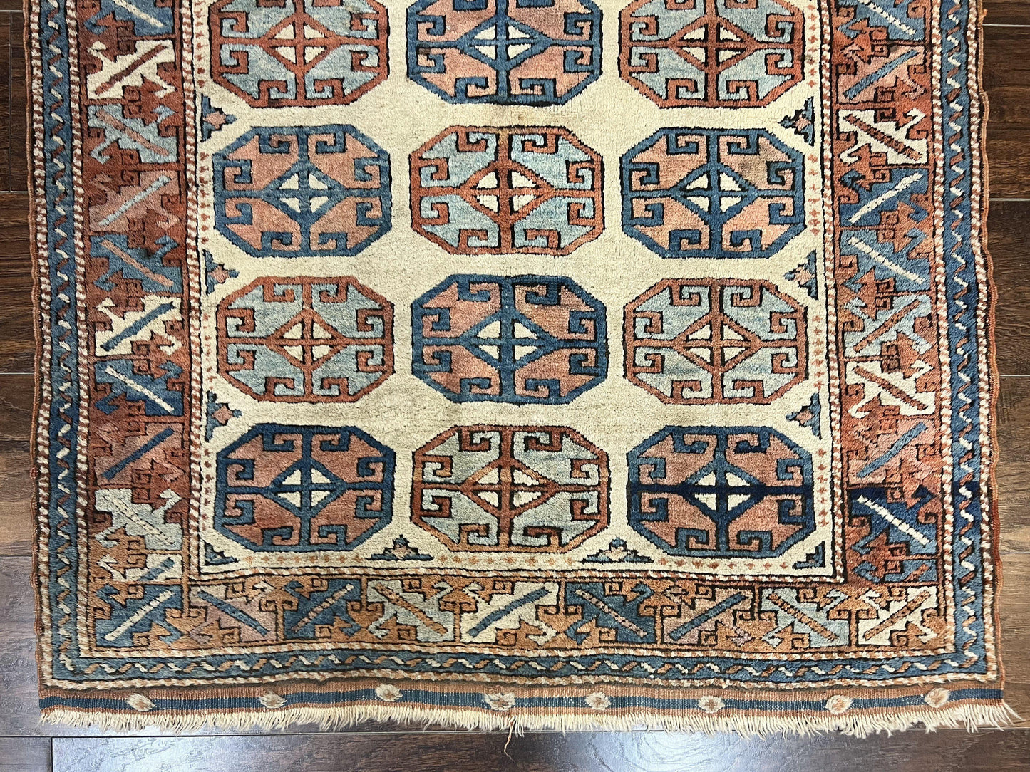 Turkish Kazak Rug 3x4, Wool Hand Knotted Handmade Vintage Carpet, Geometric Tribal Repeated Motif, Small 3 x 4 Antique Rug, Cream Red - Nuvé