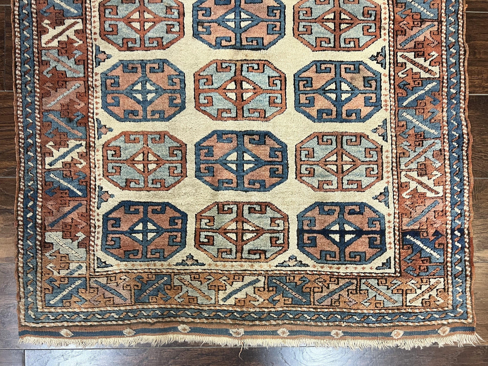 Turkish Kazak Rug 3x4, Wool Hand Knotted Handmade Vintage Carpet, Geometric Tribal Repeated Motif, Small 3 x 4 Antique Rug, Cream Red - Nuvé