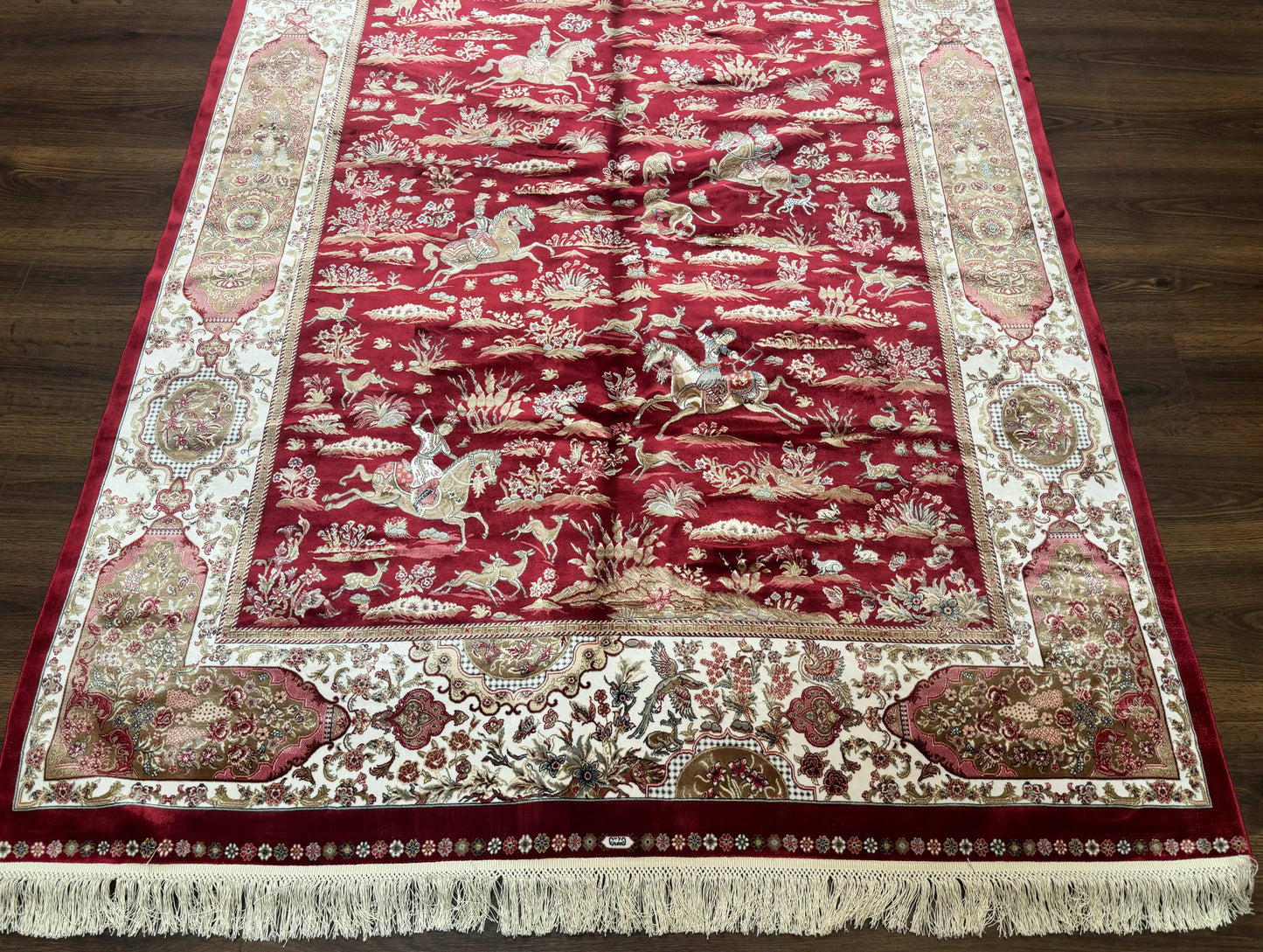 Turkish Silk Hunting Scene Rug 5 x 7.6, Red & Ivory, Bamboo Silk, New - Nuvé