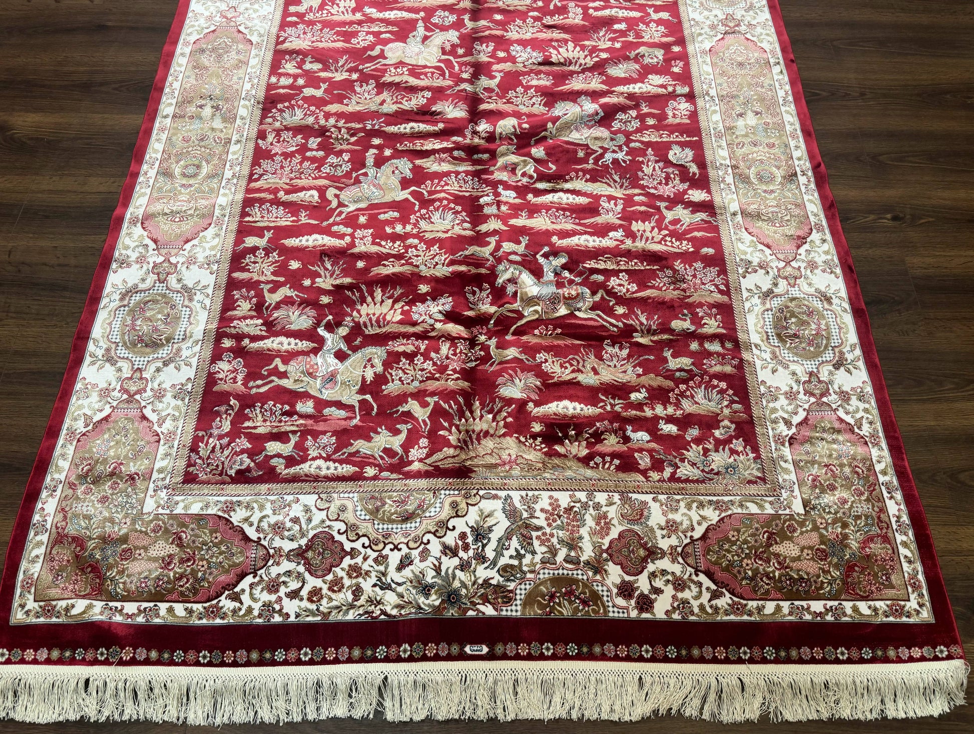 Turkish Silk Hunting Scene Rug 5 x 7.6, Red & Ivory, Bamboo Silk, New - Nuvé