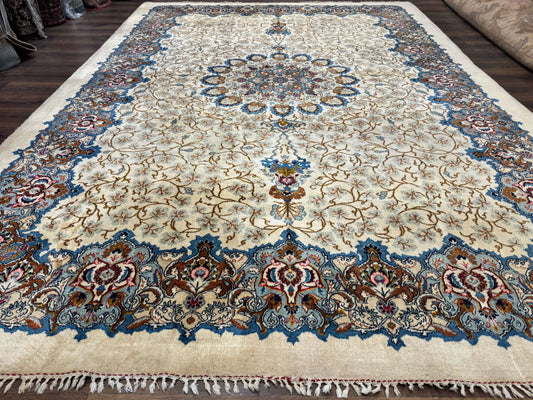 Persian Kashan Rug 9 x 12.6, Ivory and Blue, Floral Medallion, Wool Hand Knotted Semi Antique Carpet - Nuvé