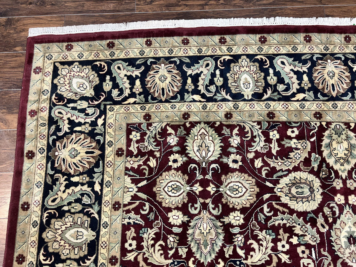 Indo Persian Rug 10x14, Floral Allover, Maroon, Handmade Hand Knotted VIntage Wool Rug, Large Oriental Carpet