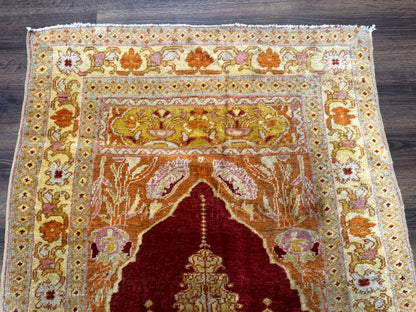 Antique Turkish Prayer Rug 4x6, Red and Golden Mustard, Mihrab Design, Anatolian Carpet - Nuvé