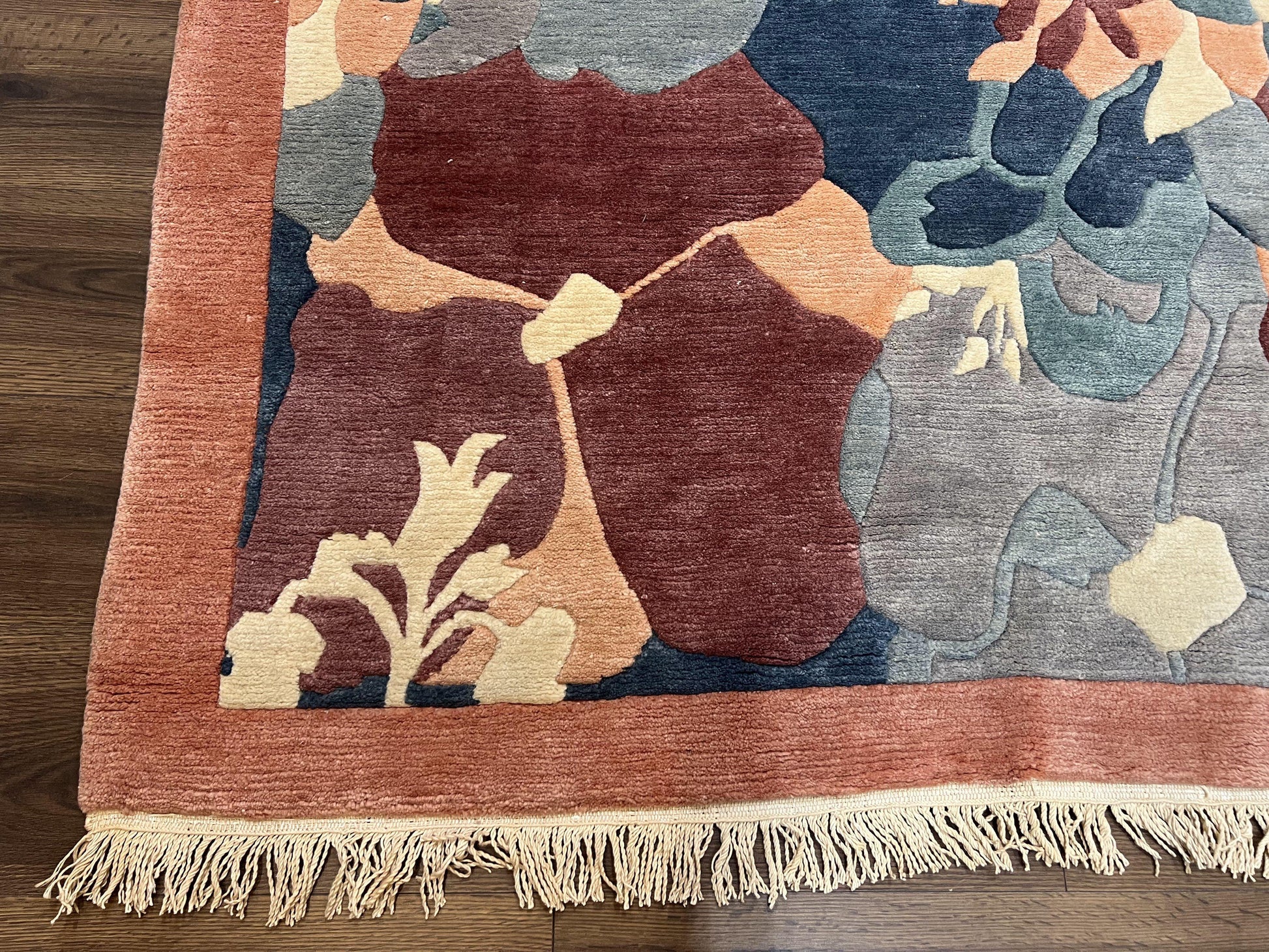 Modern Tibetan Rug 5.7 x 7.9, Abstract Multicolor Flower Pattern, Navy Blue Maroon Salmon, Soft Wool, Hand Knotted Contemporary Carpet 6x8 - Nuvé