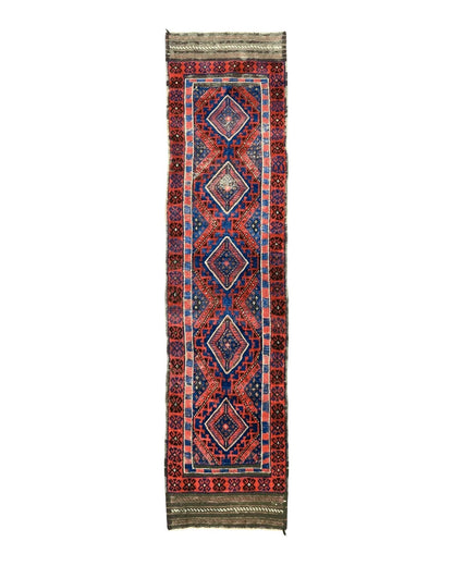 Turkoman Runner Rug 2 x 8.6, Skinny Runner, Handmade Wool Carpet for Hallway, Red and Blue, Wool, Vintage 8ft Runner