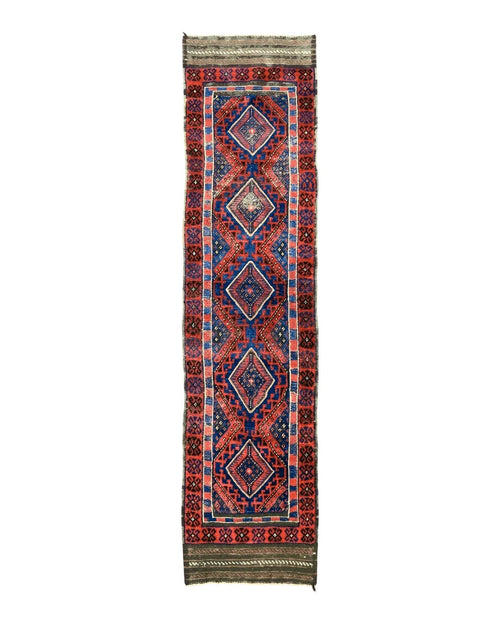 Turkoman Runner Rug 2 x 8.6, Skinny Runner, Handmade Wool Carpet for Hallway, Red and Blue, Wool, Vintage 8ft Runner