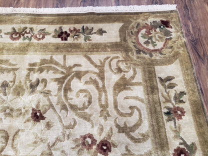 Vintage Nepali Tibetan Aubusson Rug 6x9, Wool Hand-Knotted Cream Beige Carpet, Leaves & Floral Pattern 6 x 9 Soft Area Rug Home Office Rug - Nuvé