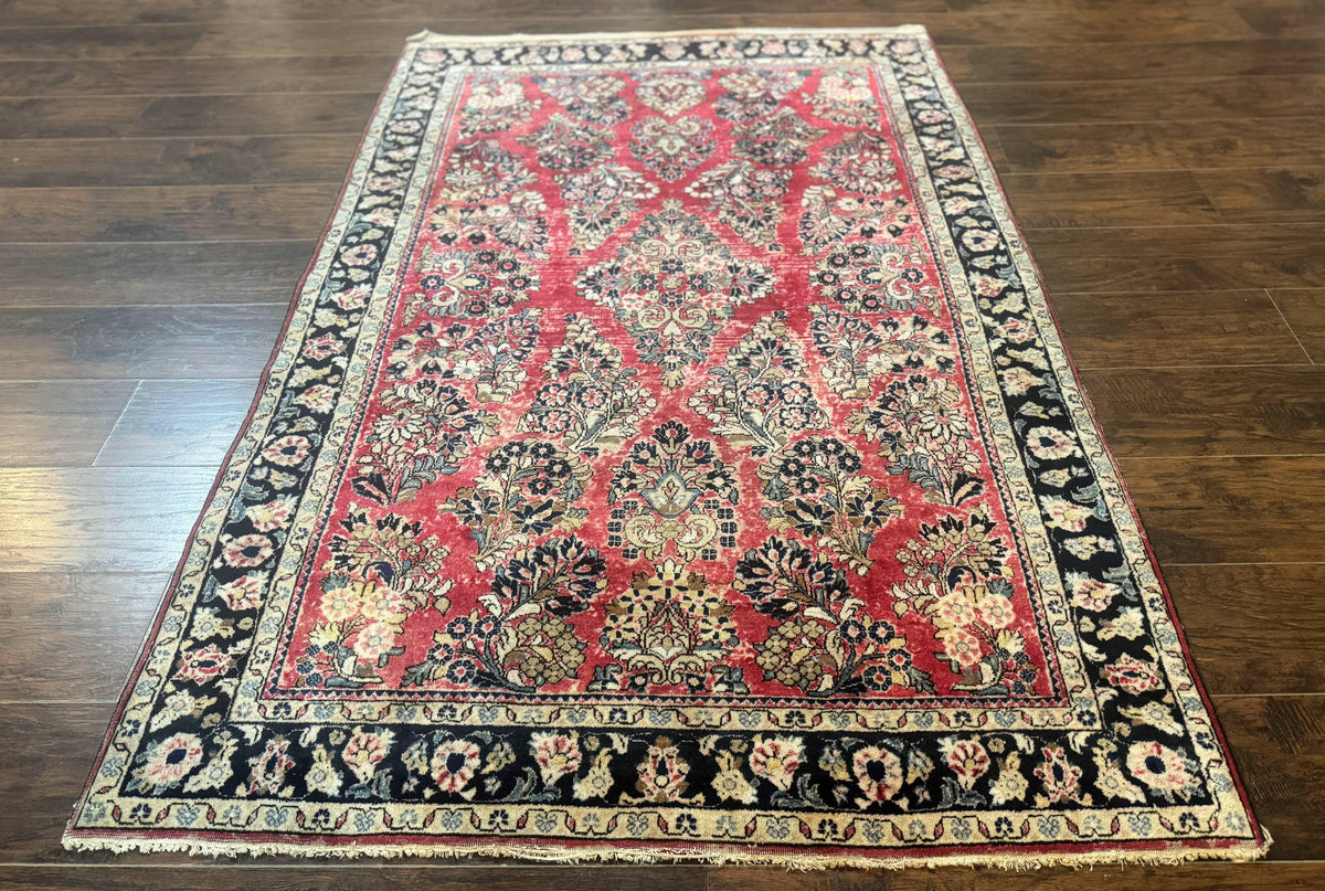 Antique Persian Sarouk Rug 4x7, Floral, Red 1920s Persian Wool Carpet