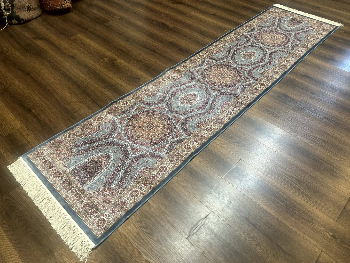 Turkish Silk Runner Rug 2.6 x 10, Light Blue Carpet, Bamboo Silk, New - Nuvé