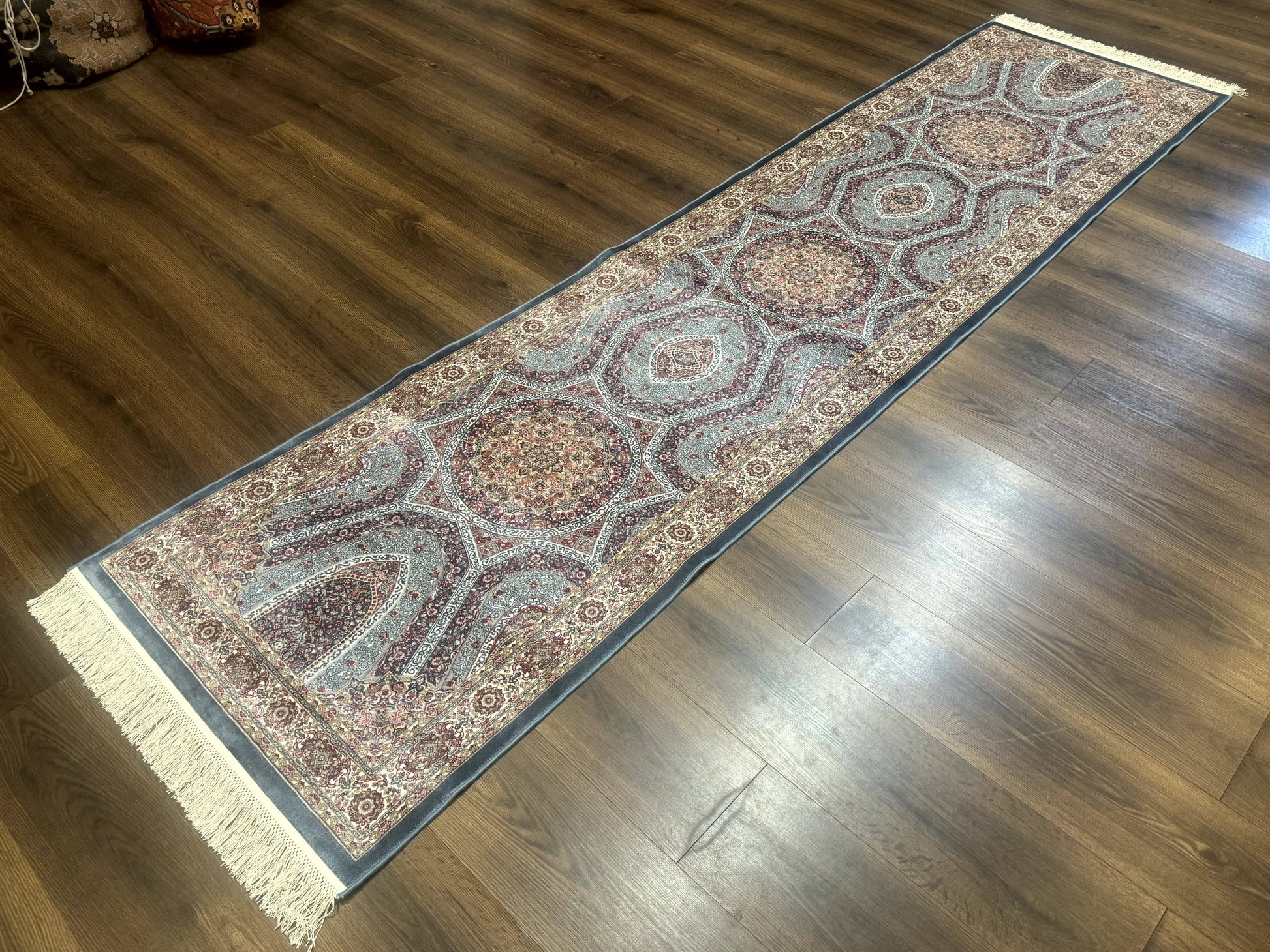Turkish Silk Runner Rug 2.6 x 10, Light Blue Carpet, Bamboo Silk, New - Nuvé
