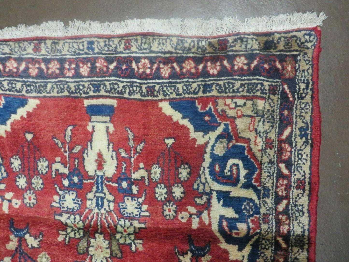 Persian Runner Rug 3 x 12, Antique Wool Oriental Runner, Floral Vases, Red & Navy Blue - Nuvé