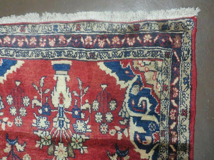 Persian Runner Rug 3 x 12, Antique Wool Oriental Runner, Floral Vases, Red & Navy Blue - Nuvé