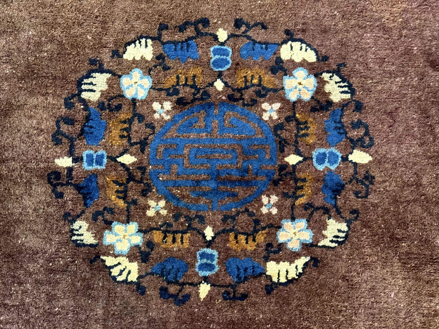 Antique Chinese Wool Rug 9x11, Large Chinese Art Deco Rug, Peking Rug, Brown and Blue, Open Field, Fete Rug - Nuvé