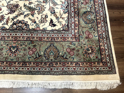 Indo Persian Rug 9x12, Allover Floral Pattern, Ivory & Green, Traditional Oriental Carpet - Nuvé