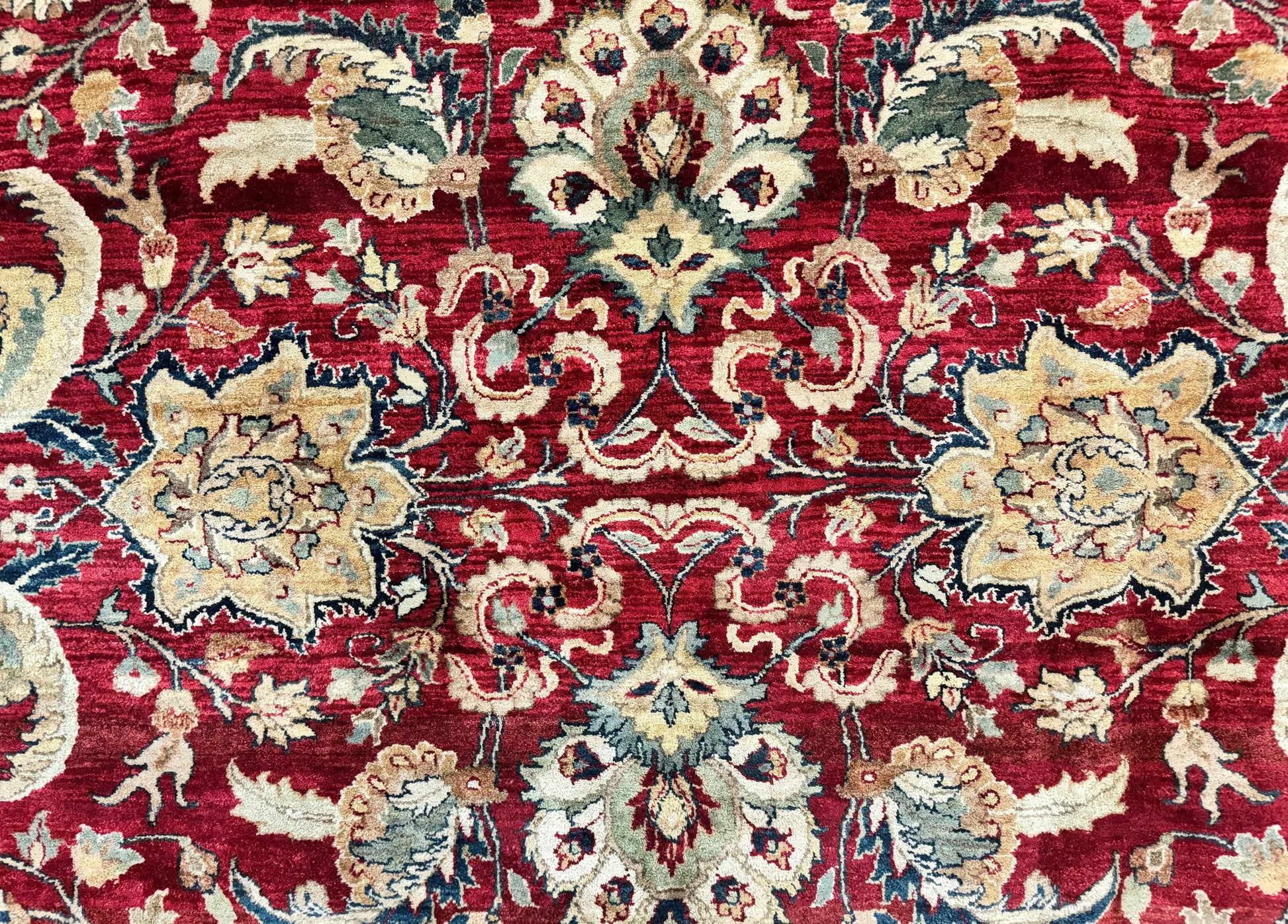 Indo Persian Rug 10x14, Indian Agra Carpet, Vintage Handmade Wool Large Traditional Rug, Dark Red Navy Blue Beige - Nuvé