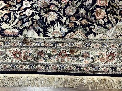 Silk Rug 4x6, Black and Cream, Floral & Bird Pictorials, Fine 330 KPSI, Sino Persian Rug - Nuvé