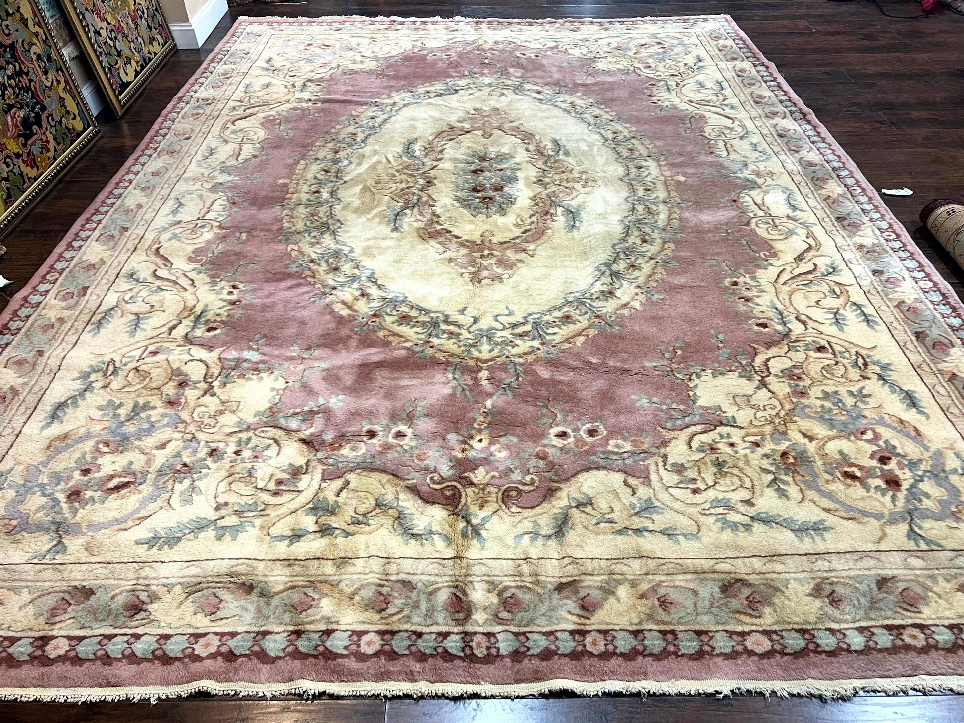 Indo Chinese Aubusson Wool Rug 10x14, Pink and Cream, Handmade Vintage Wool Carpet, Elegant European Design - Nuvé