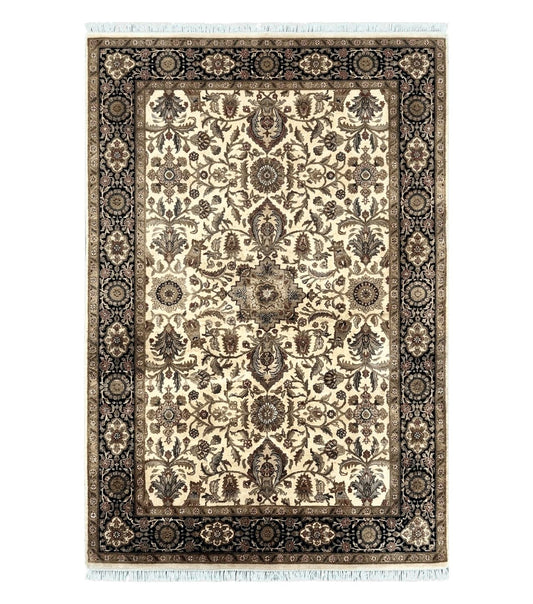 Indo Mahal Rug 6x9, Indian Floral Carpet 6 x 9, Beige and Black, Allover Design, Living Room Rug, Bedroom Rug, Traditional Rug, Vintage Rug