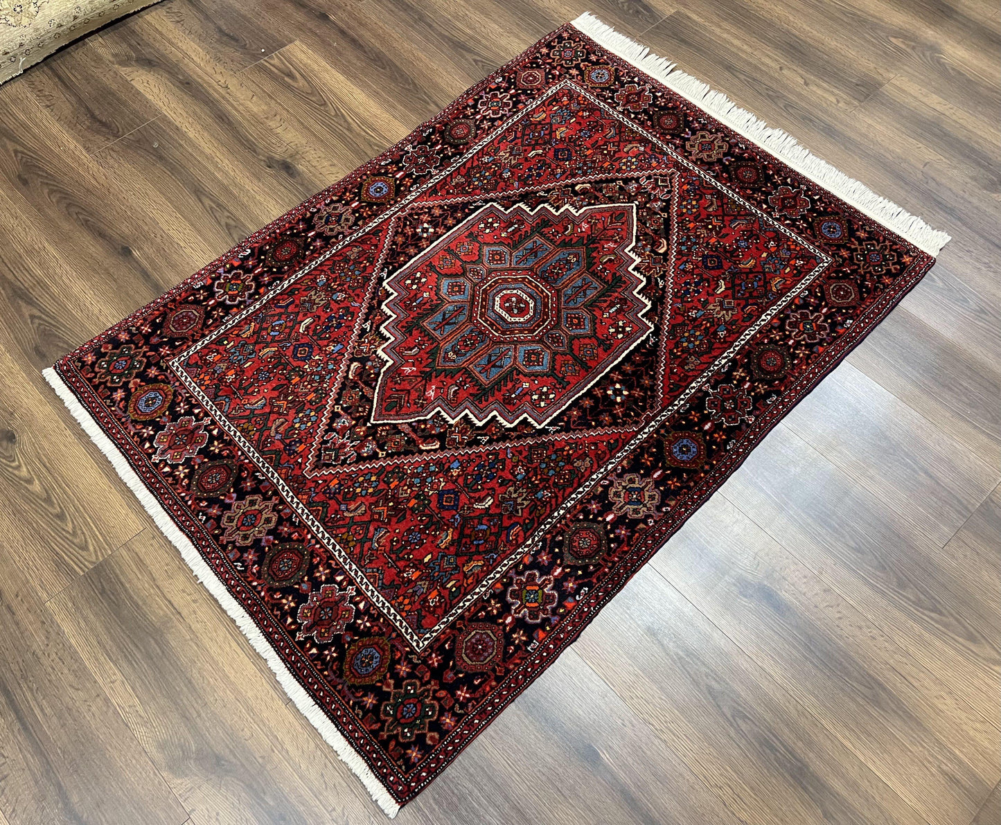 Fine Persian Bidjar Rug 3x5 ft, Ruby Red and Black, Geometric Medallion, Hand Knotted Semi Antique Oriental Bijar Carpet, Wool Area Rug, Tribal Rug - Nuvé