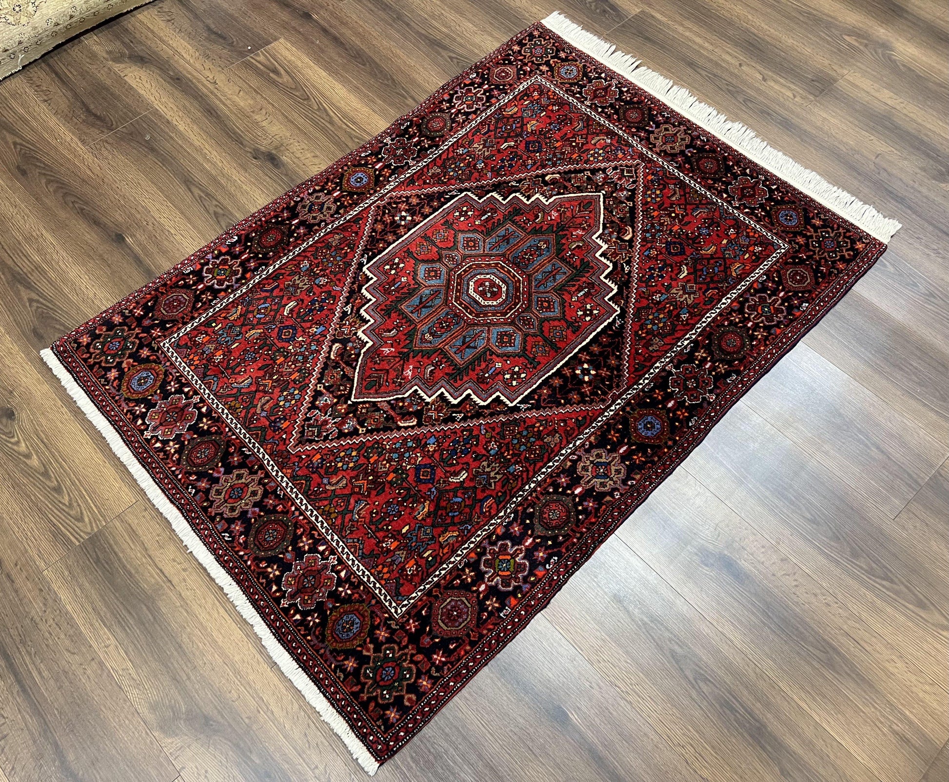 Fine Persian Bidjar Rug 3x5 ft, Ruby Red and Black, Geometric Medallion, Hand Knotted Semi Antique Oriental Bijar Carpet, Wool Area Rug, Tribal Rug - Nuvé