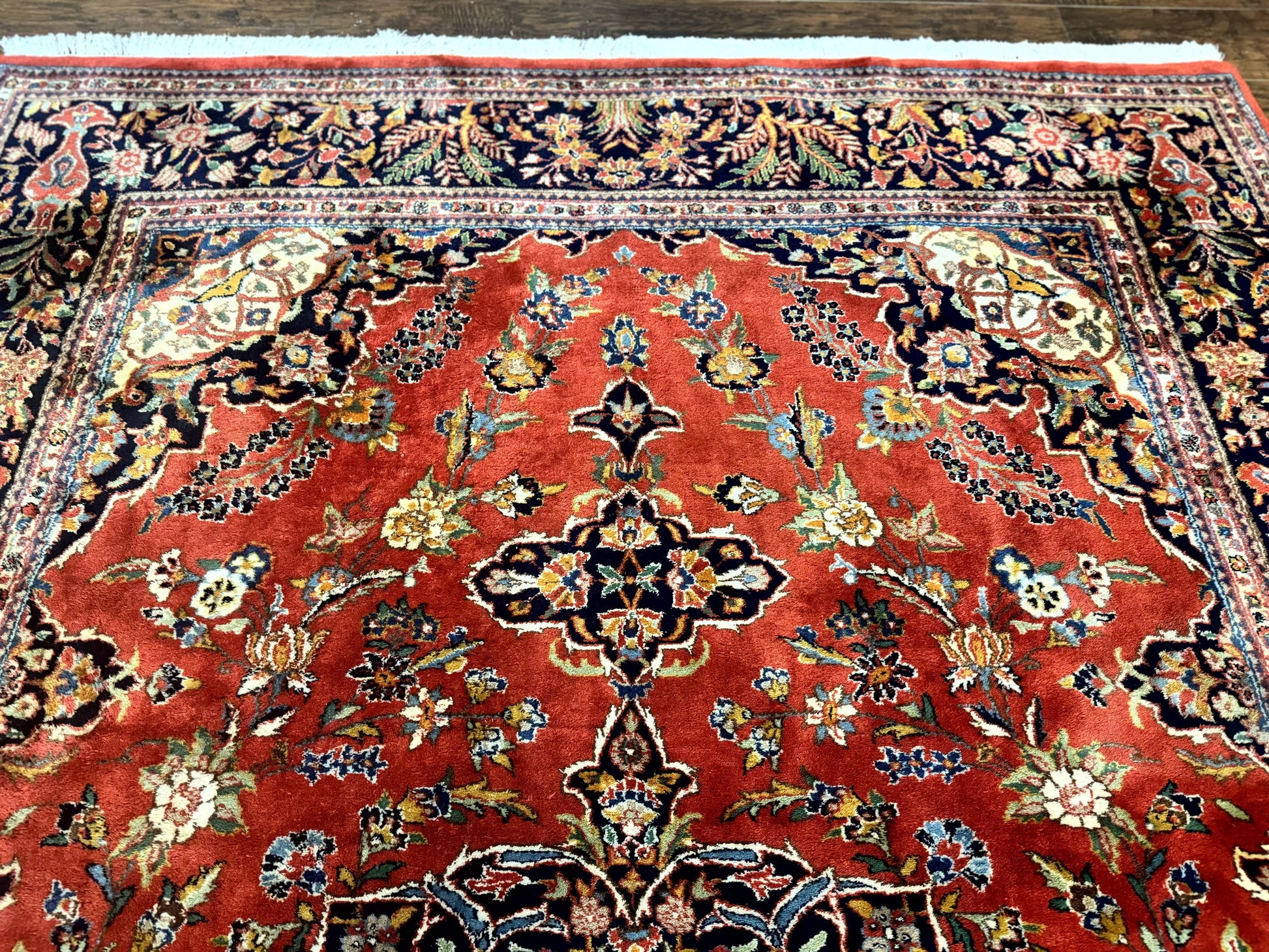Indo Persian Rug 7x10, Vintage Handmade Wool Carpet, Floral Medallion Traditional Rug, Red and Midnight Blue - Nuvé