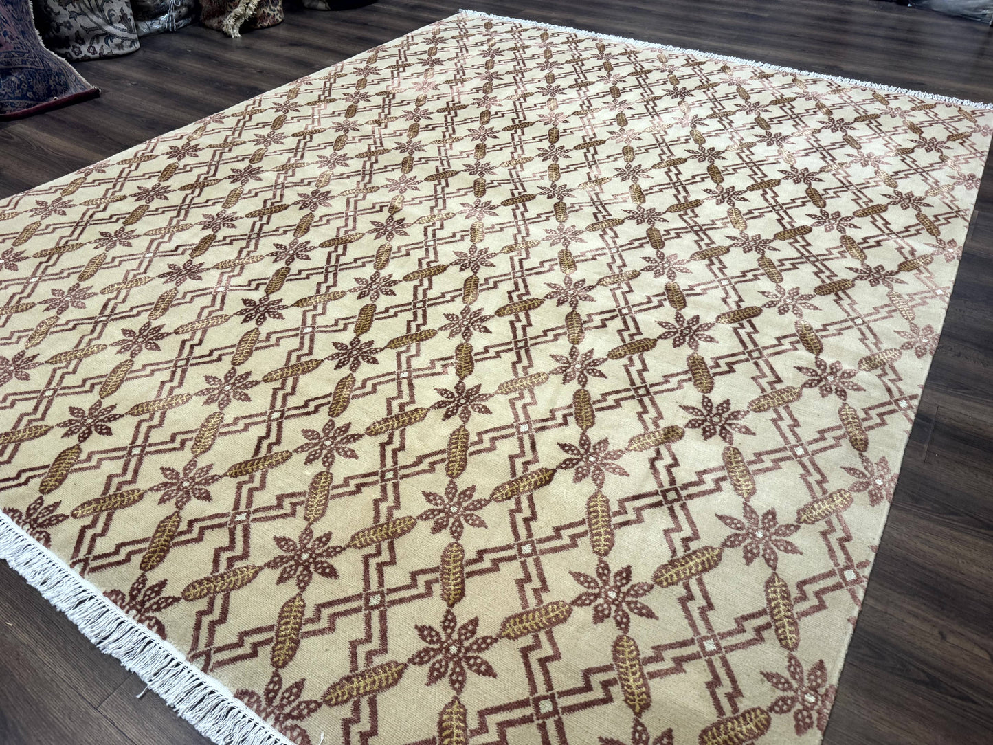 Tibetan Rug 8x10, Wool with Silk Highlights, Beige and Maroon, Contemporary Carpet - Nuvé